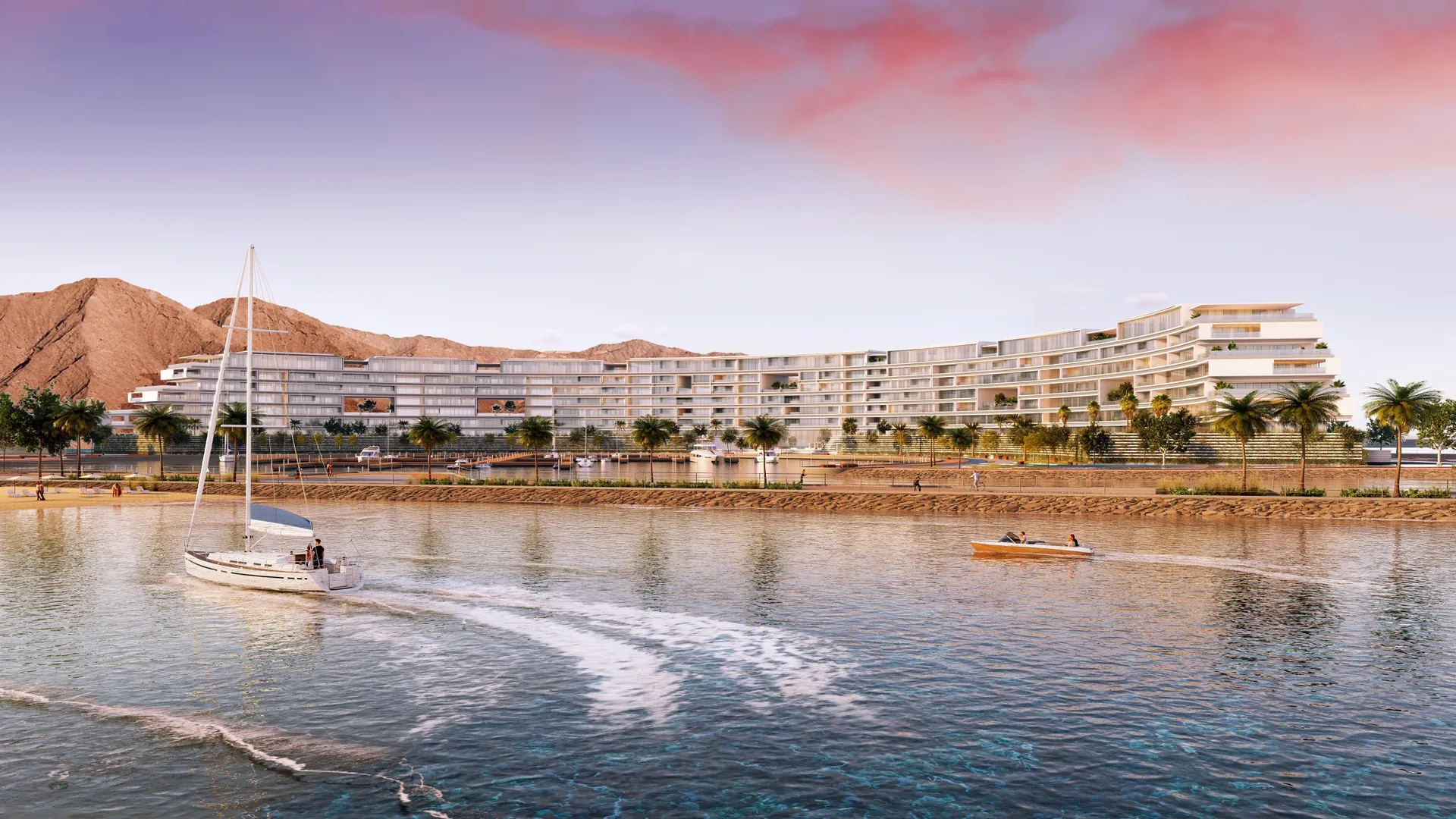 Aerial view at dusk of The Arc Residences along the Yiti waterfront, with boats on calm water and a pink sky