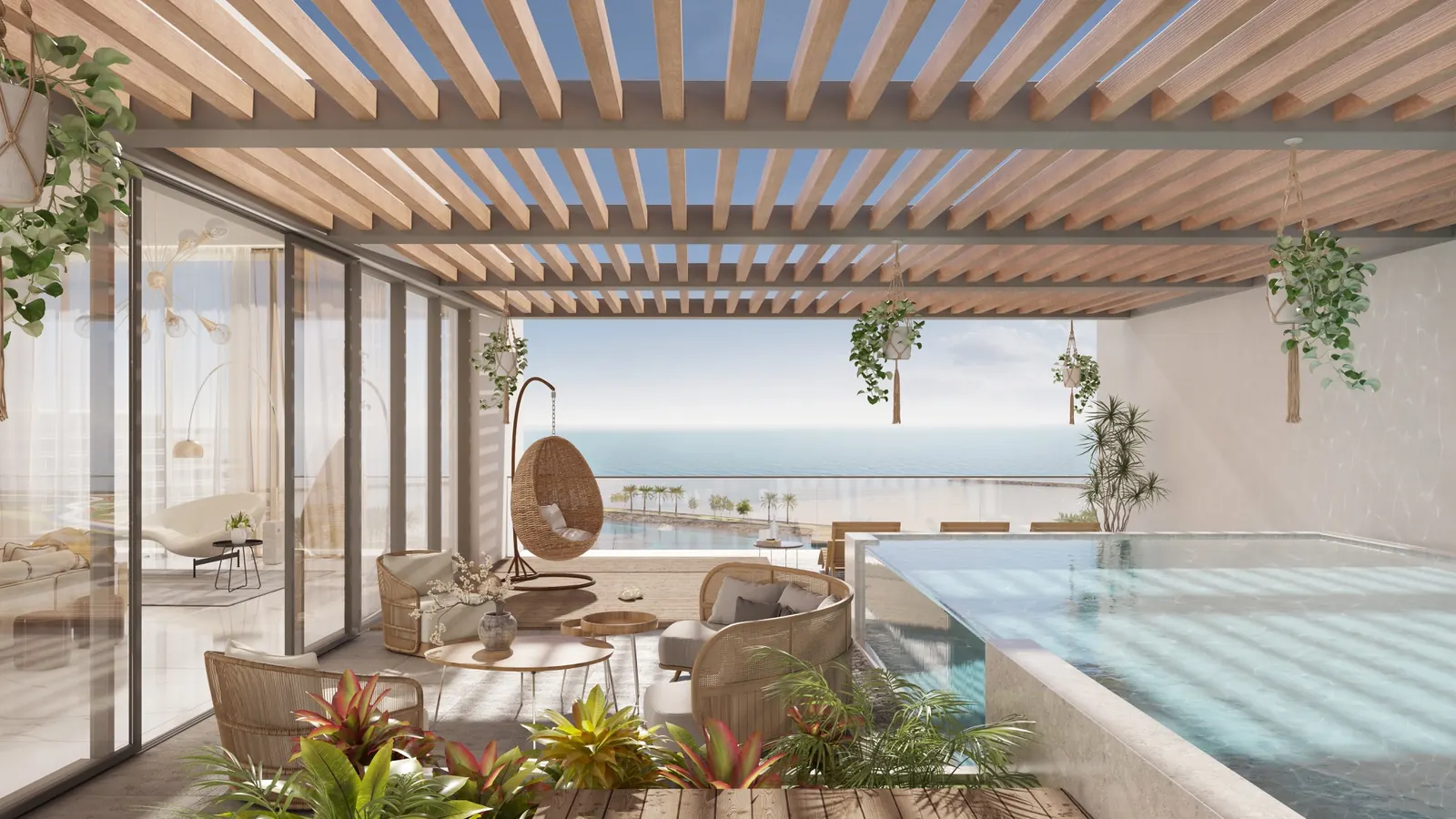 A shaded indoor to outdoor pool and lounge area within The Arc, with timber slats and planting opening to the sea