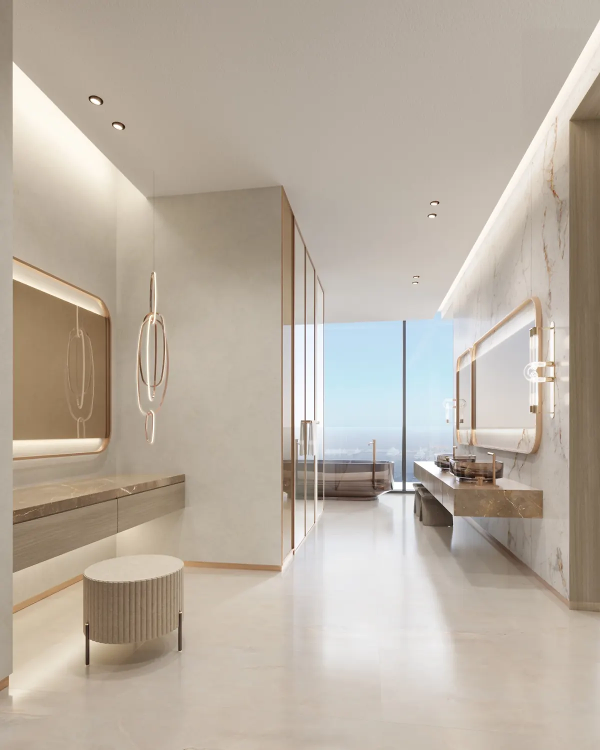 Bright bathroom and vanity with a sea view at the end of the room