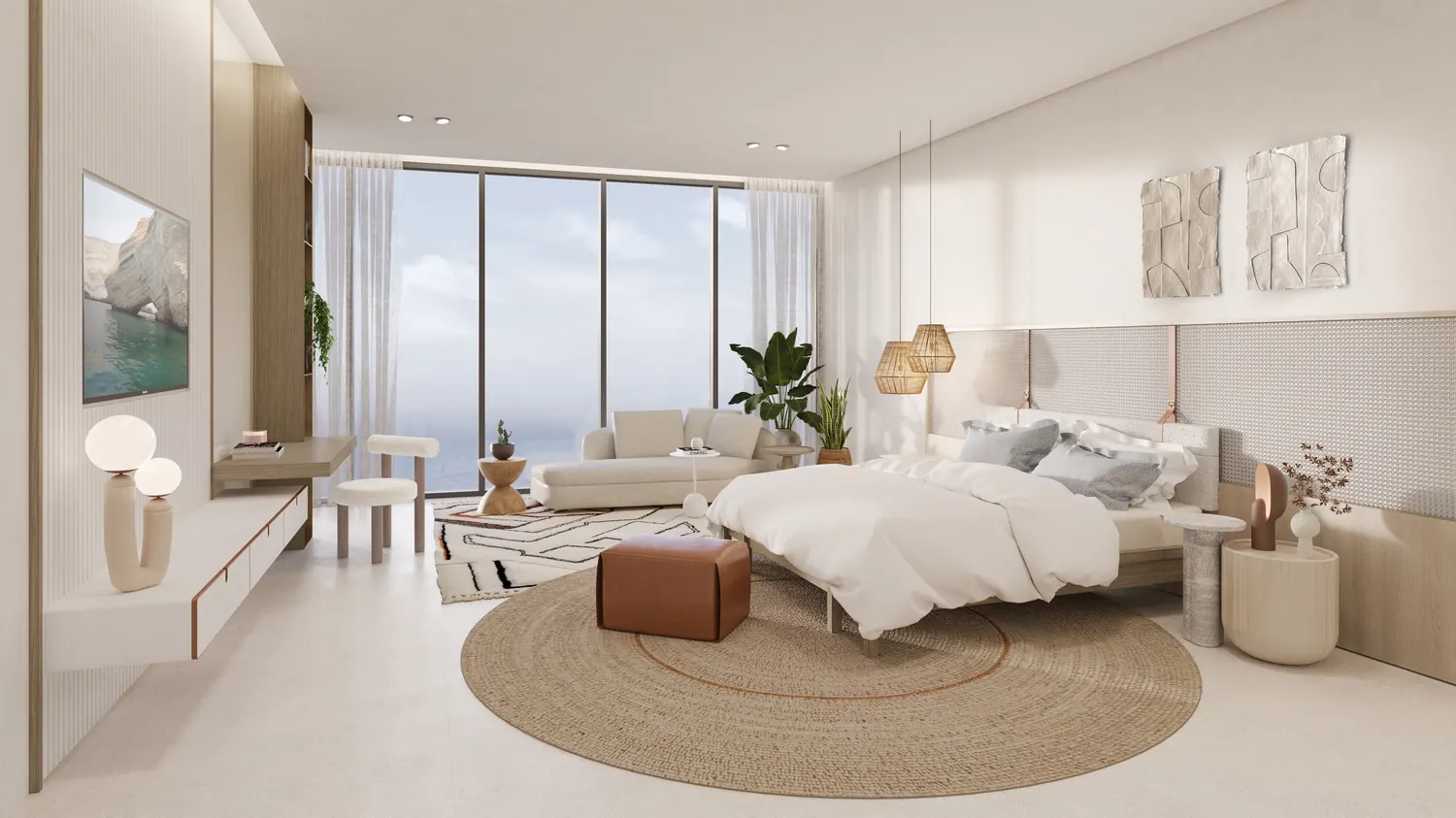 Bedroom with warm tones opening to a sea view