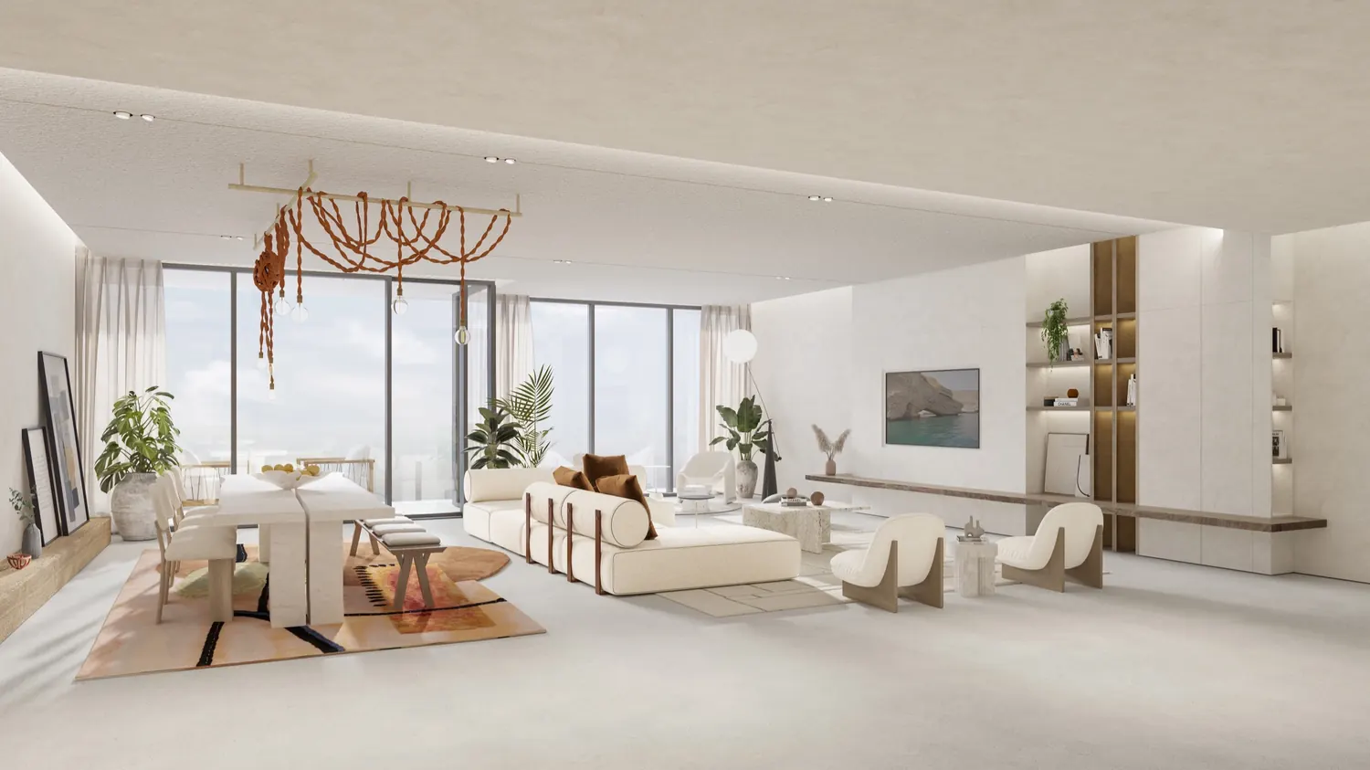 Bright living room with sea views and considered furnishing