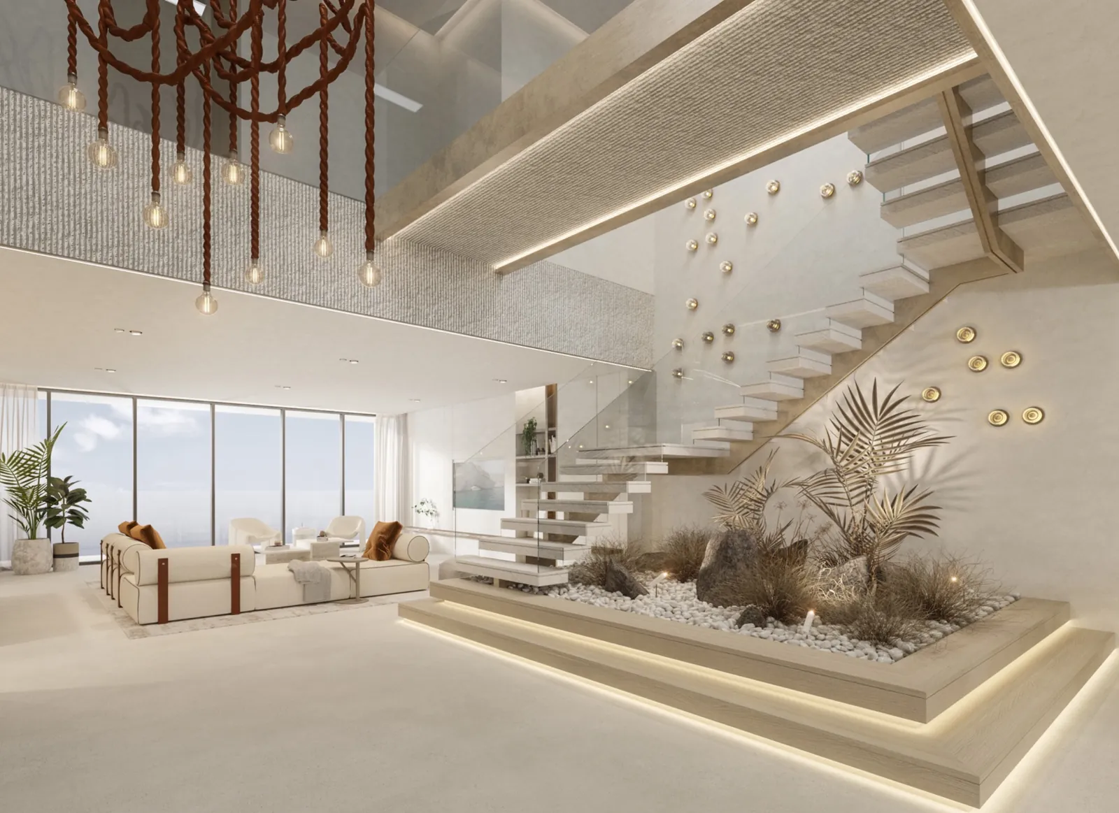 Double height living space with a sculptural staircase and full height windows to the sea