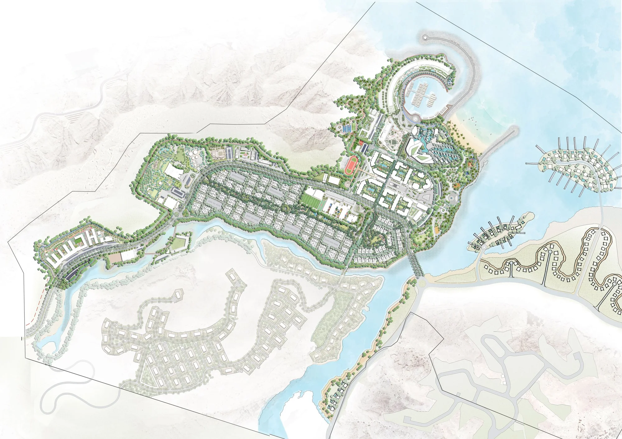 The Sustainable City, Yiti full master plan, watercolour rendering