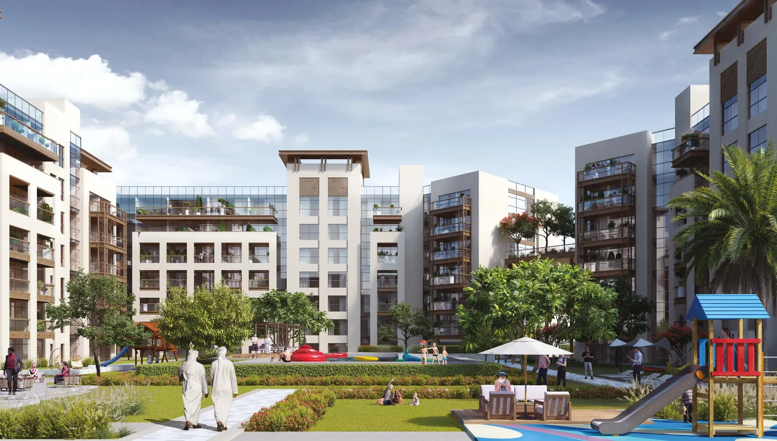 One bedroom apartment buildings at The Plaza overlooking landscaped gardens and a pool