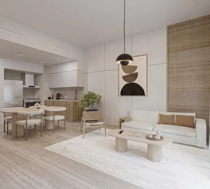 Living and kitchen of a one bedroom apartment at The Plaza