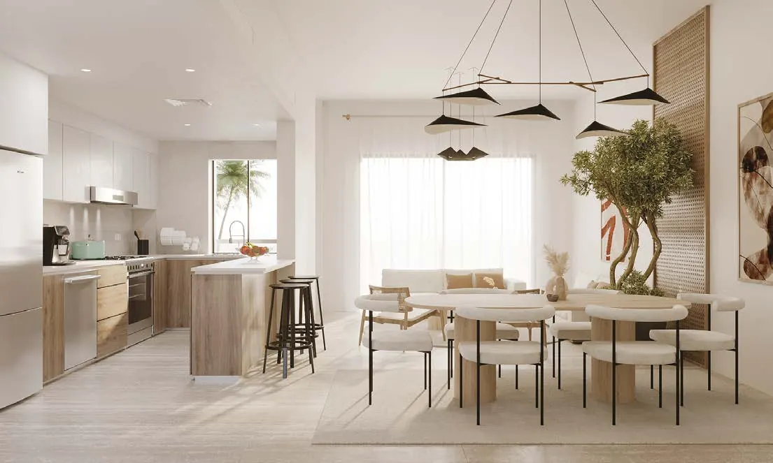 Living and kitchen of a two bedroom apartment at The Plaza