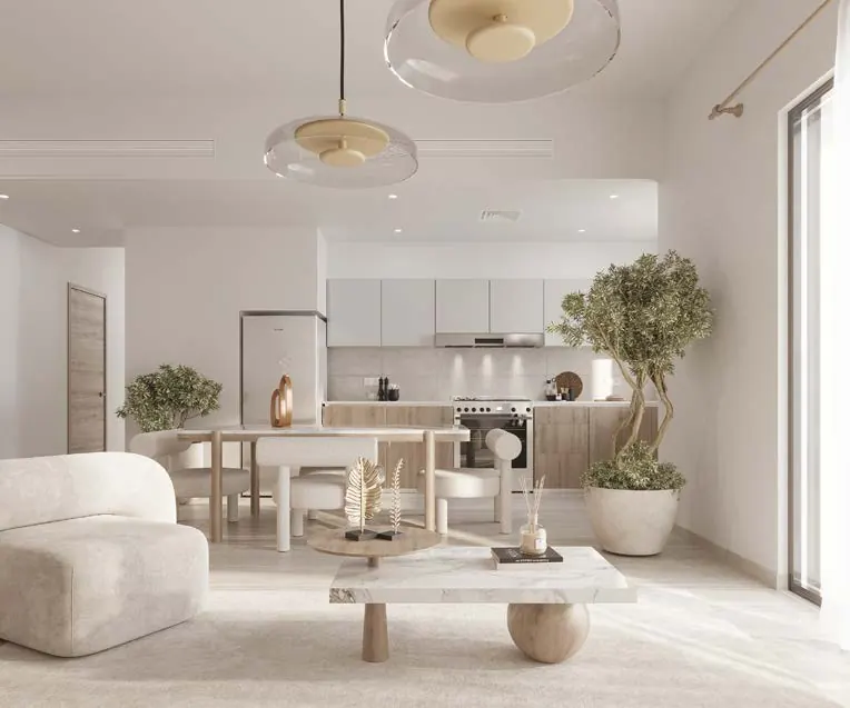 Living and dining of a three bedroom apartment at The Plaza