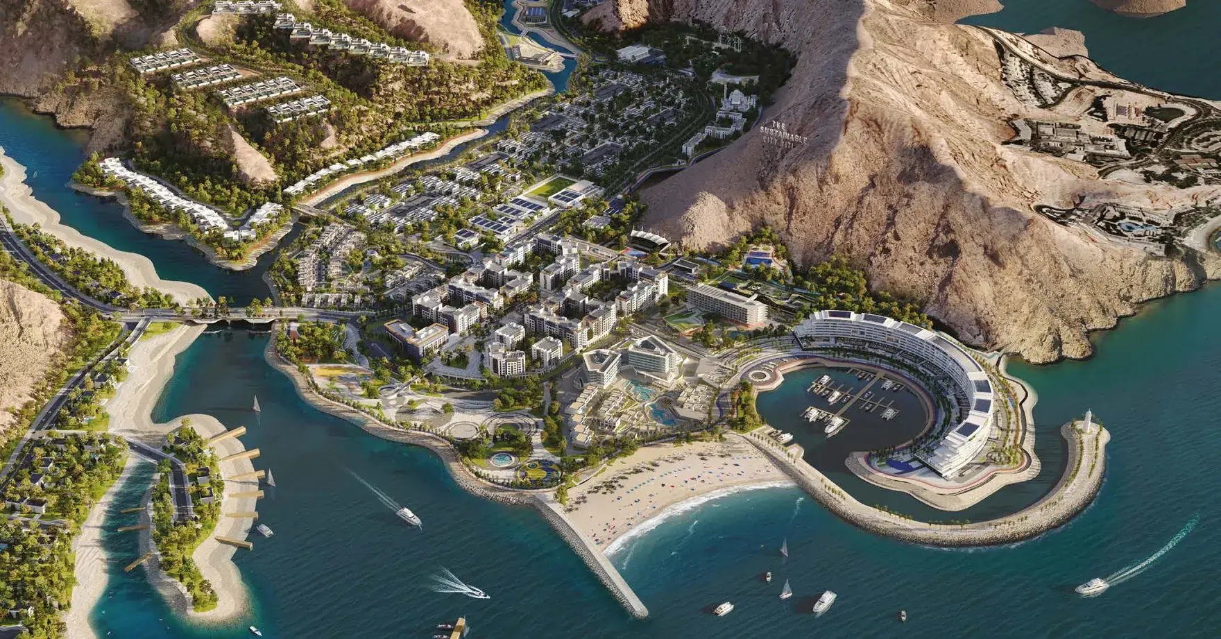 Aerial render of The Plaza apartment blocks and public realm at The Sustainable City, Yiti