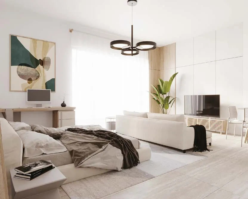 Interior of a studio apartment at The Plaza