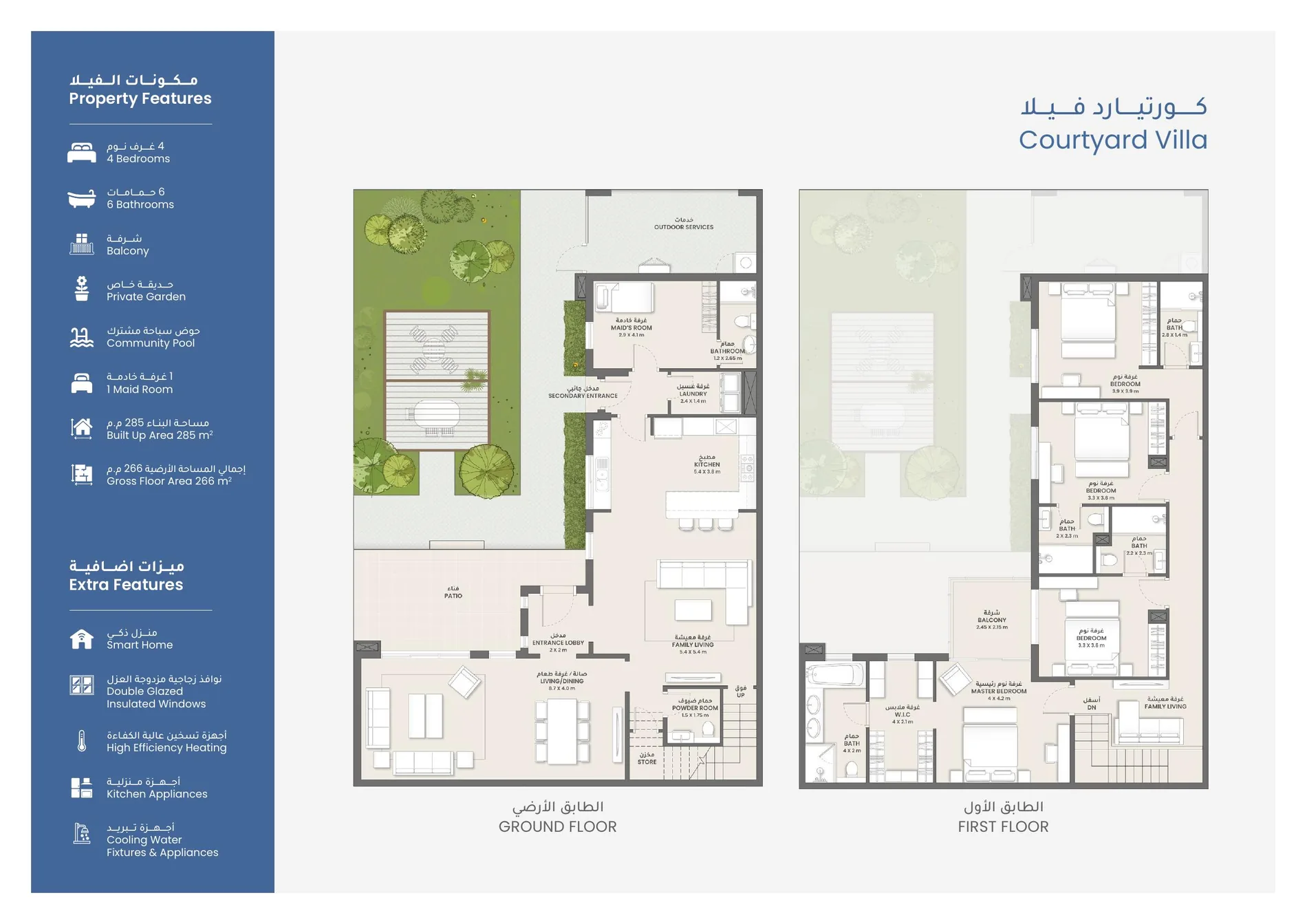 Ground and first floor plans of the four bedroom Courtyard Villa