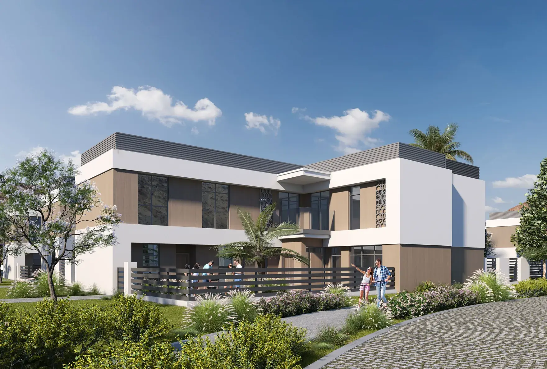 Garden Villa, four bedroom, exterior render with mature planting and private parking