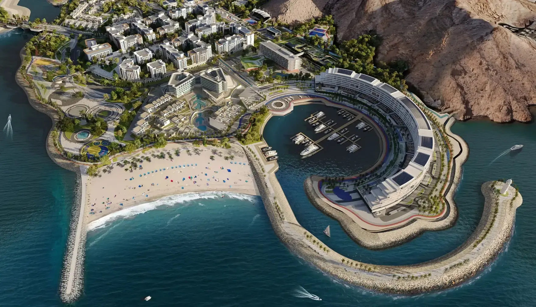 Aerial view of the lagoon and shoreline at The Sustainable City, Yiti.