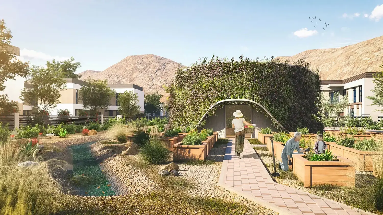 A landscaped, shaded pedestrian street through the Yiti community, planted on both sides