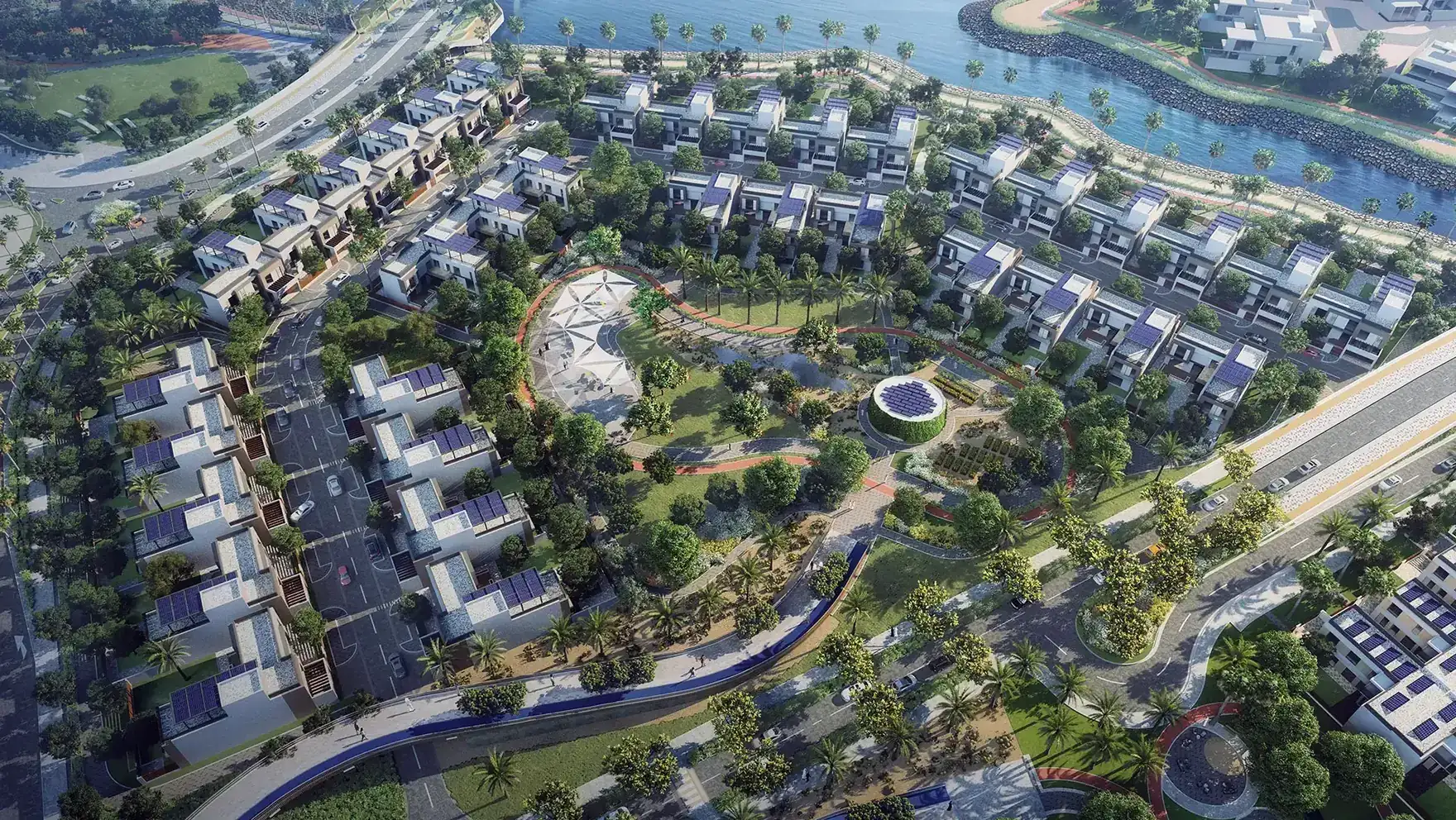 Aerial of villa neighbourhoods at The Sustainable City, Yiti